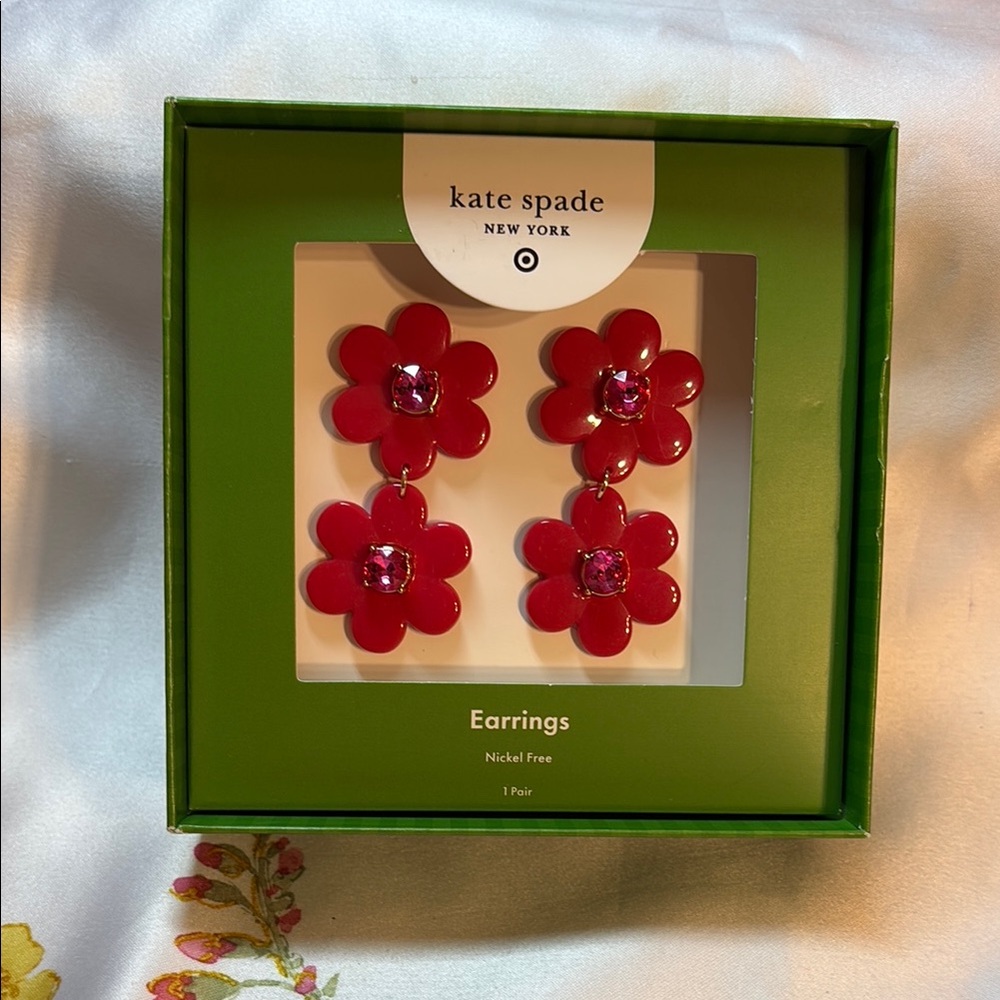 NIB-Kate Spade x Target Red Floral Earrings with Pink Accents